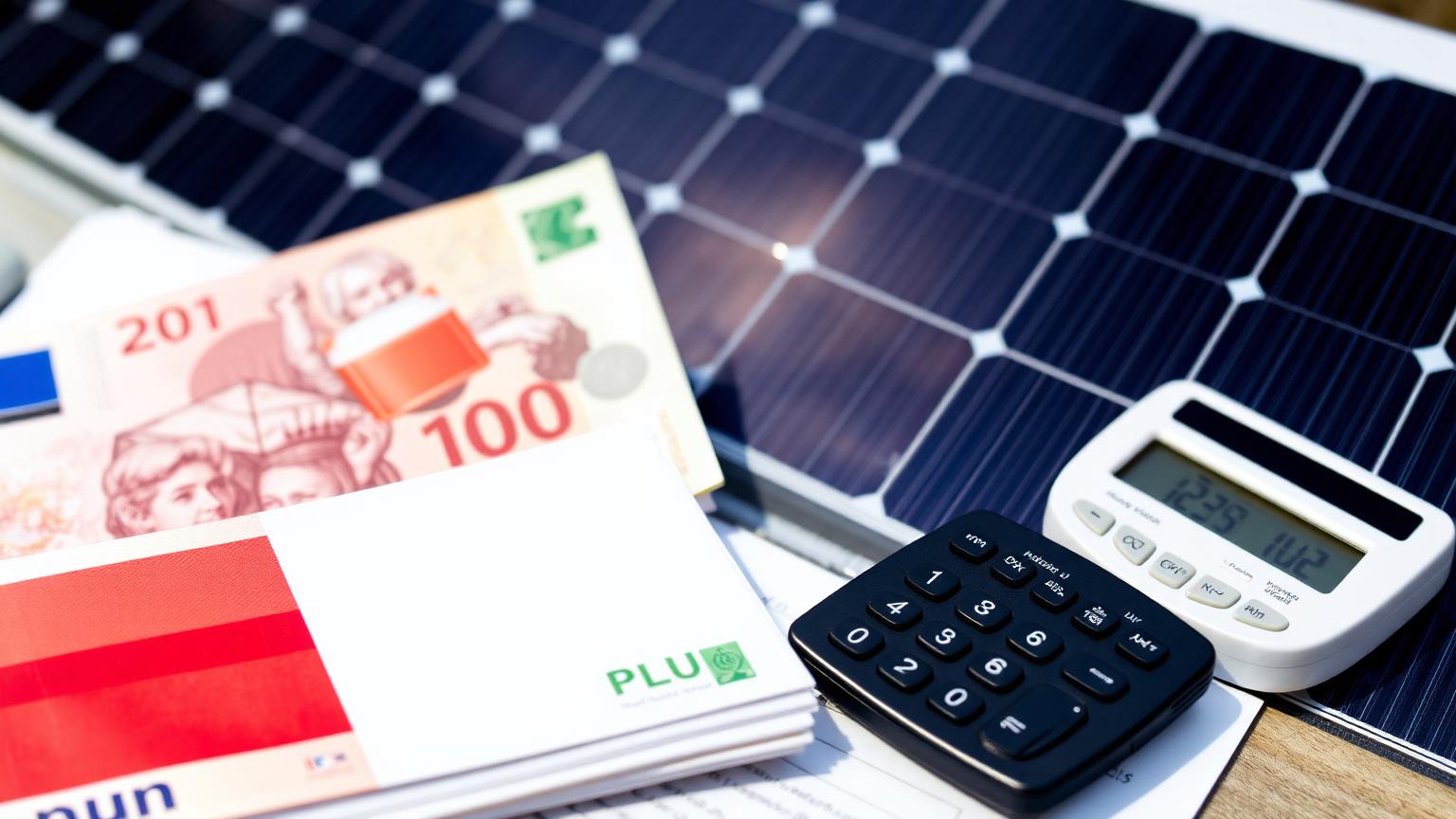Banknoty PLN i kalkulator na tle panelu fotowoltaicznego — symbol dotacji do instalacji PV.