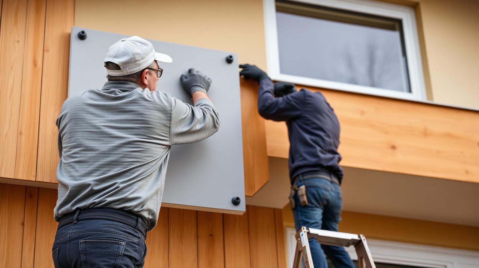 Dwóch instalatorów fotowoltaiki montujących panel na elewacji budynku jednorodzinnego w słoneczny dzień.