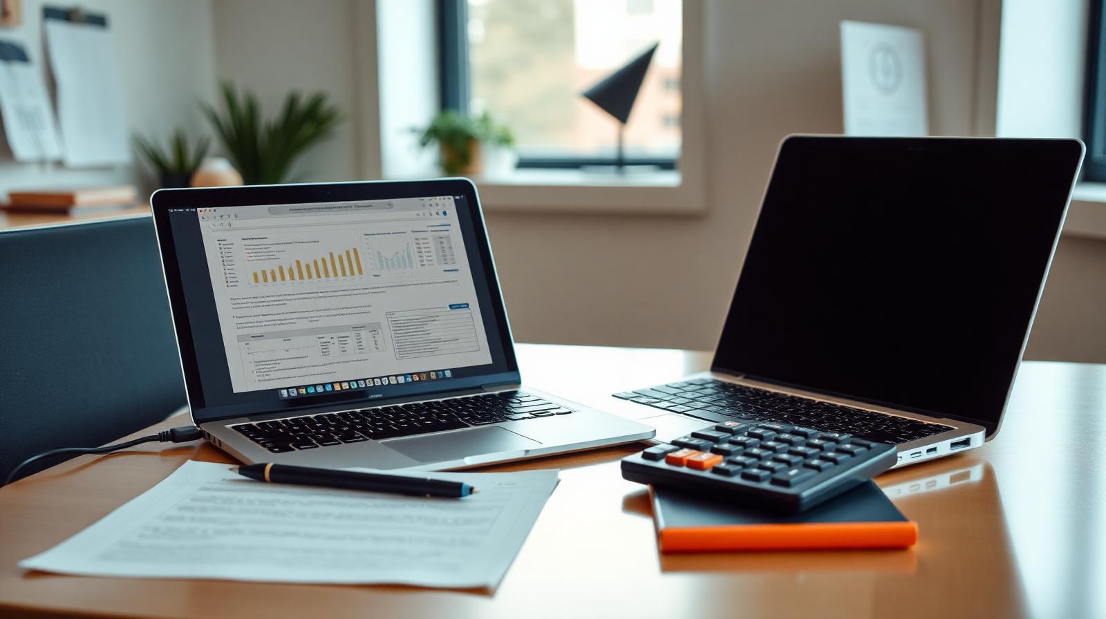 Dokumenty urzędowe, kalkulator i laptop z formularzem — przygotowanie wniosku o dofinansowanie fotowoltaiki.